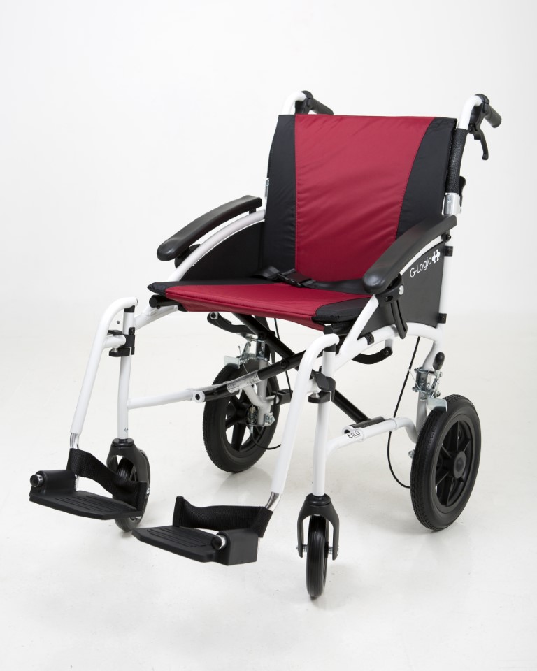 Excel G-Logic Lightweight Transit Wheelchair With 16'' White Frame and Red Upholstery